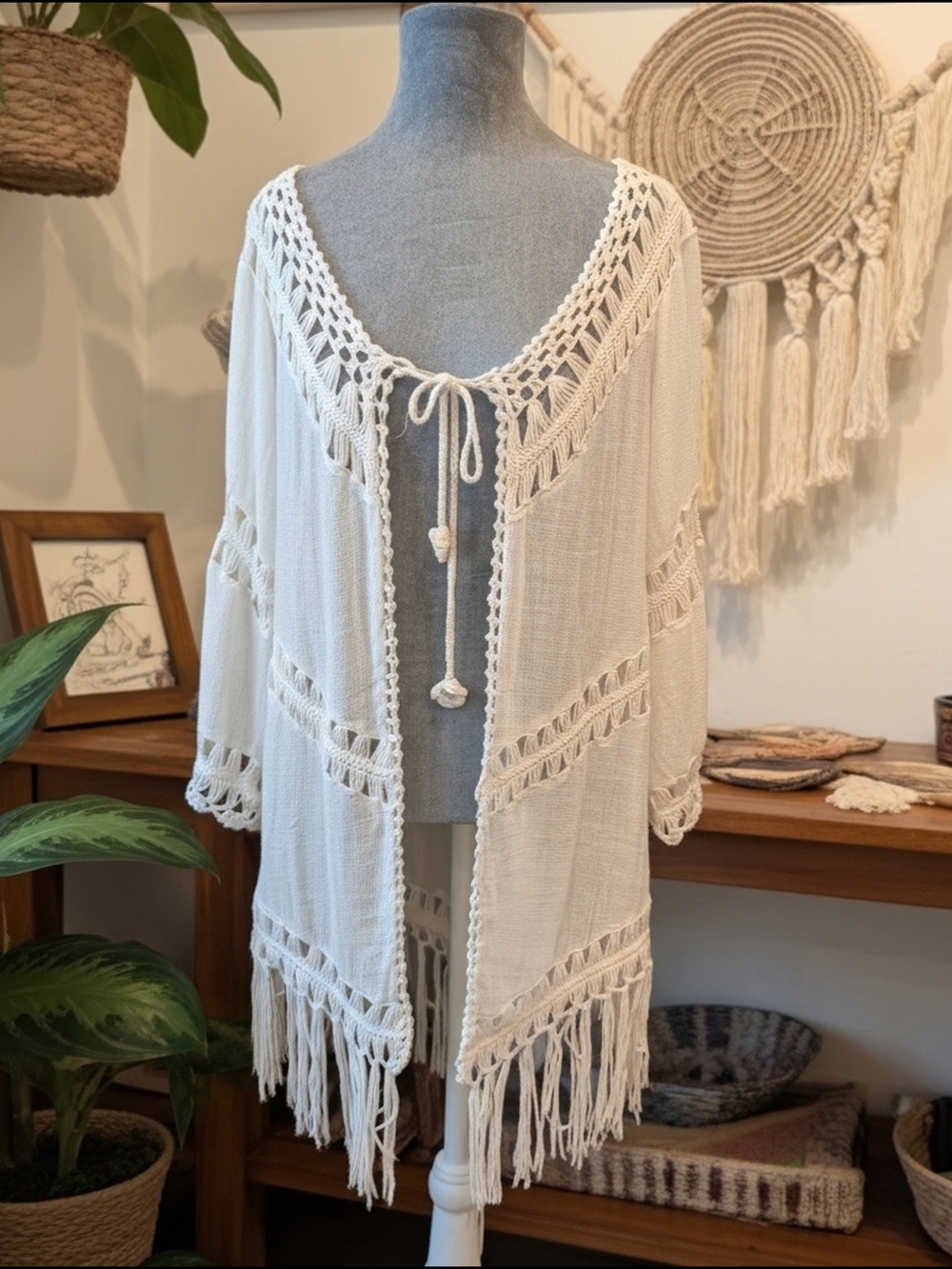 Vivid Importers Boho Cream Crochet Fringe Open Front Tie L Cardigan Cover Up